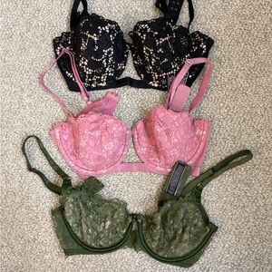 Victoria's Secret Lace Bra Trio - Black, Pink, Green